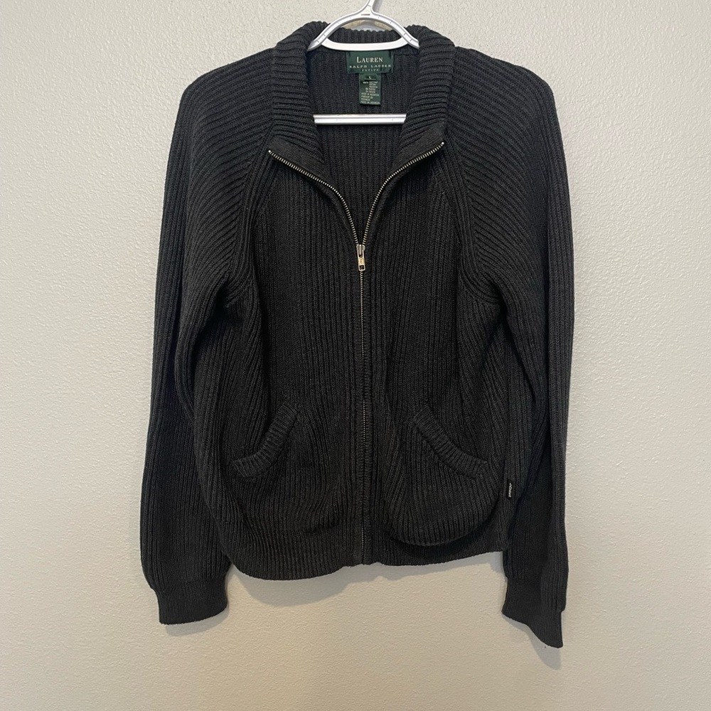 Lauren Ralph Lauren Petite Large Rib Knit Thick  Full Zip Sweater Jacket Black